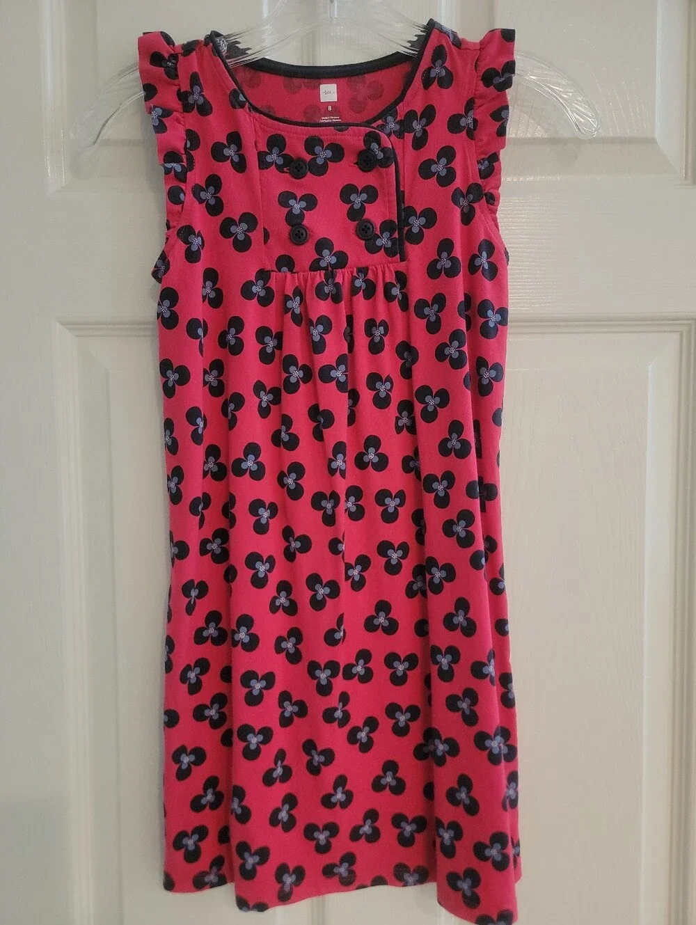 Tea Collection Girls Pink Blue Floral Cotton Double Breasted Ruffle Dress Size 8